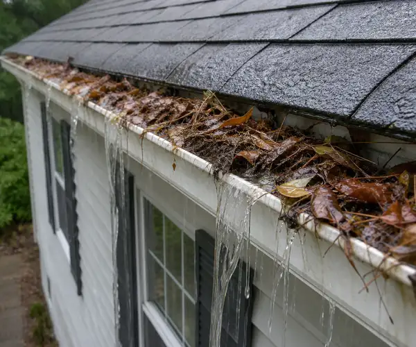 Clogged damaged gutters overflowing with water and debris