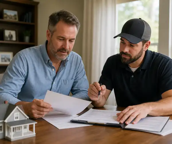 Homeowner consulting with roofing professional about insurance claim documentation