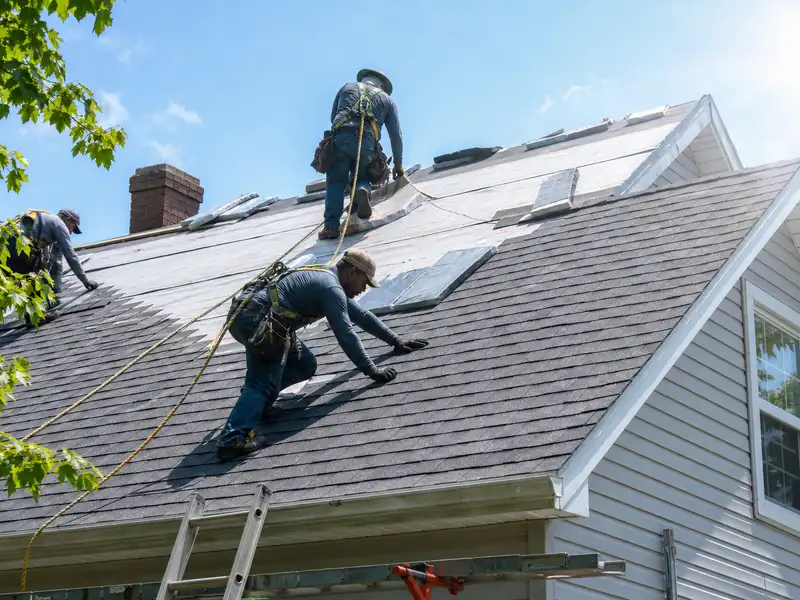 Professional roof installation team working on residential roof replacement